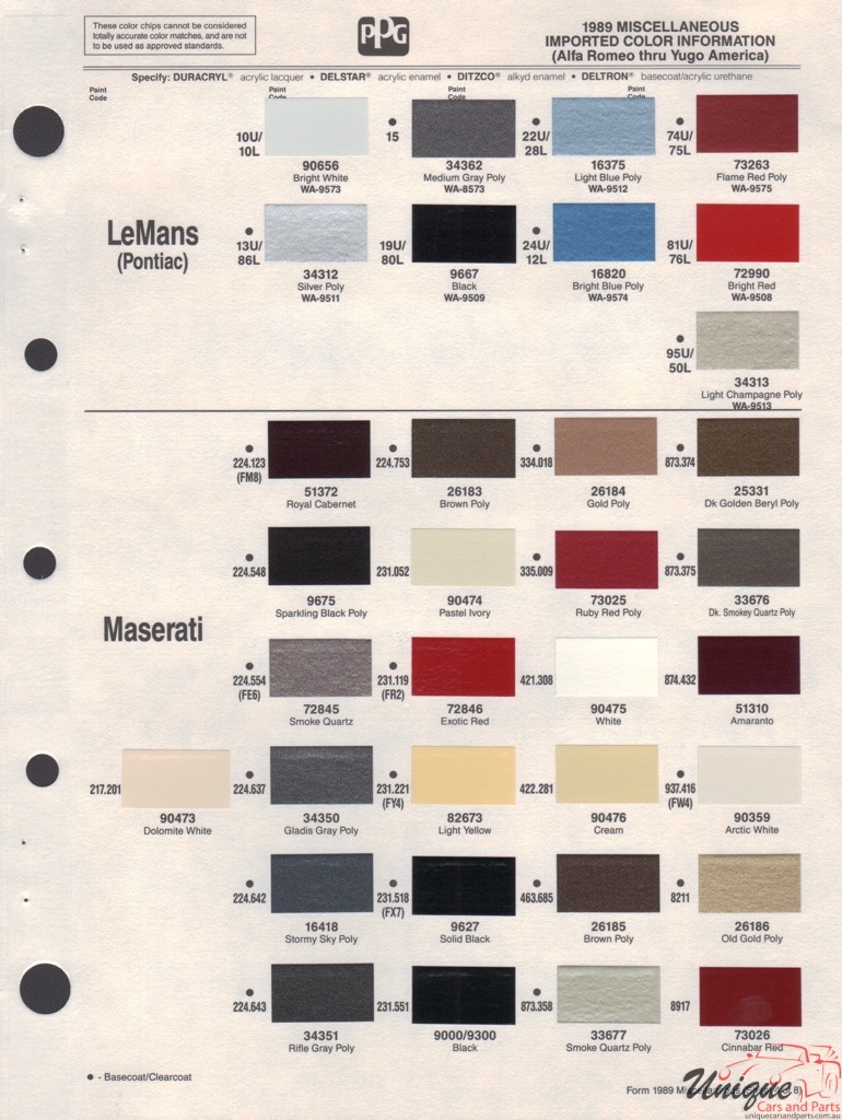 1989 GM LeMans Paint Charts PPG